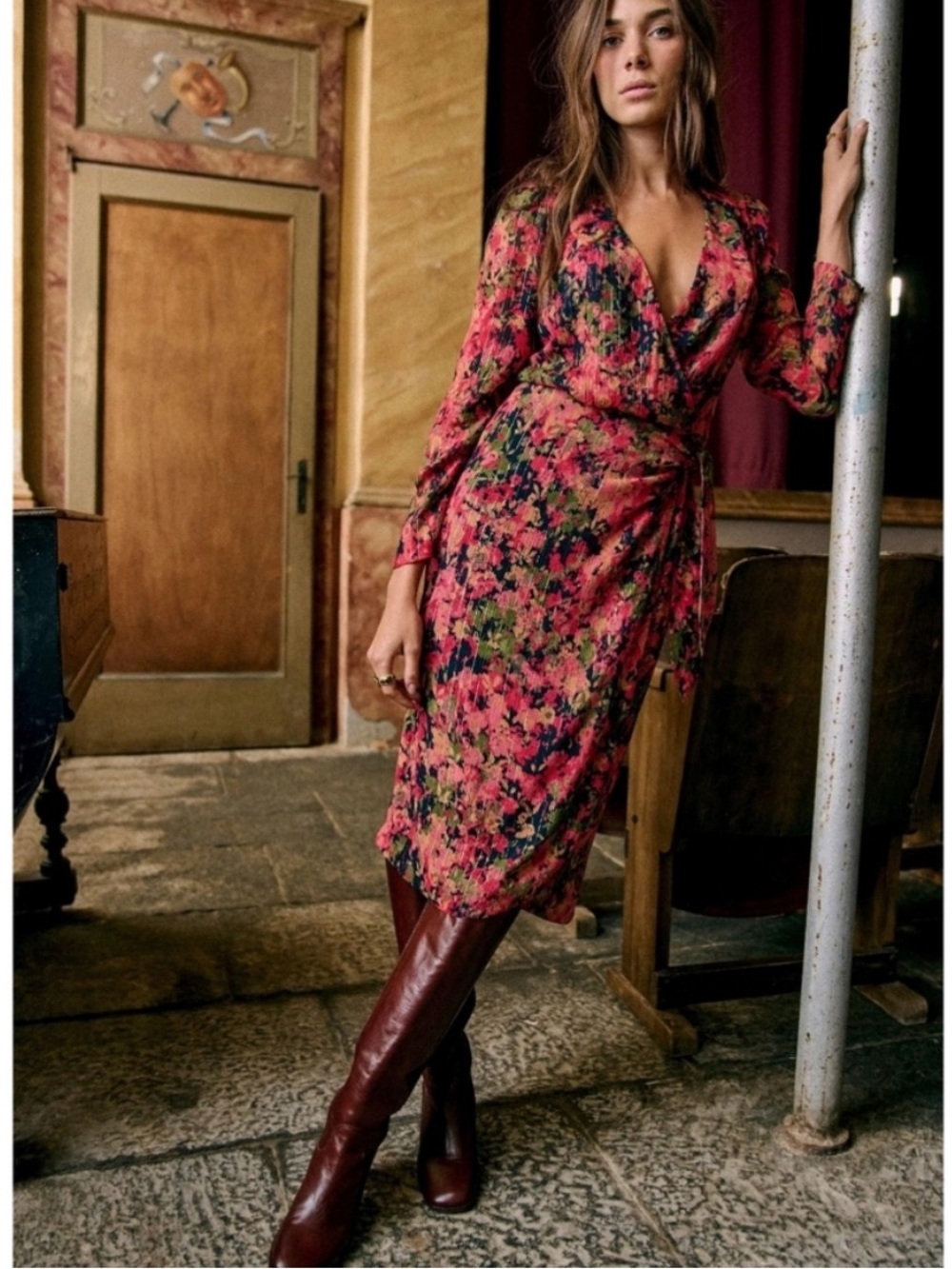 SEZANE Metallic Pink Floral Printed Long Sleeve V Neck Armonie Silk Wrap Dress